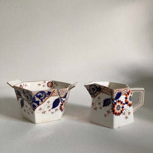 Ridgways Stoke on Trent Staffordshire Cream & Open Sugar Bowl – 1890s – Hand Painted Floral Design – Aesthetic Movement – Cobalt - Gold Rim