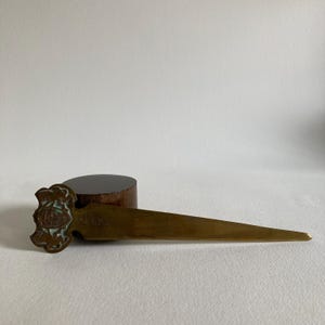 Vintage Brass OR Brass Tone Metal Letter Opener - Lion & Crest Pattern Handle - Monogrammed - 20th Century - Patinated Desk Office Accessory