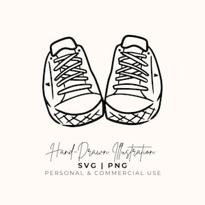 May include: A black and white hand-drawn illustration of a pair of sneakers with laces and a textured toe cap. Below the sneakers, the text reads: Hand-Drawn Illustration, SVG | PNG, PERSONAL & COMMERCIAL USE. The design features clean line art.