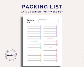 Packing List Printable | Trip Planning | Vacation Printables | Trip Organiser | Carry-On | Clothes | Electronics | A4 Letter Size | PDF