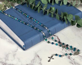 Blue Tiger's Eye Catholic Rosary, 6mm Gemstone Devotional Beads, 17.5" Length