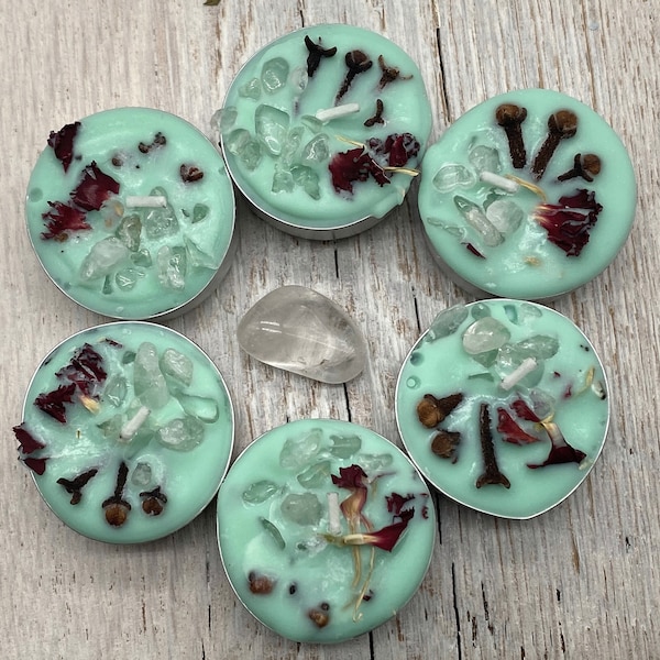 Scented Teal Harmony, Well-Being Intention Spell Tea Light 6 pack Candles with Clear Quartz – Carnation Petals - Cloves -Eucalyptus