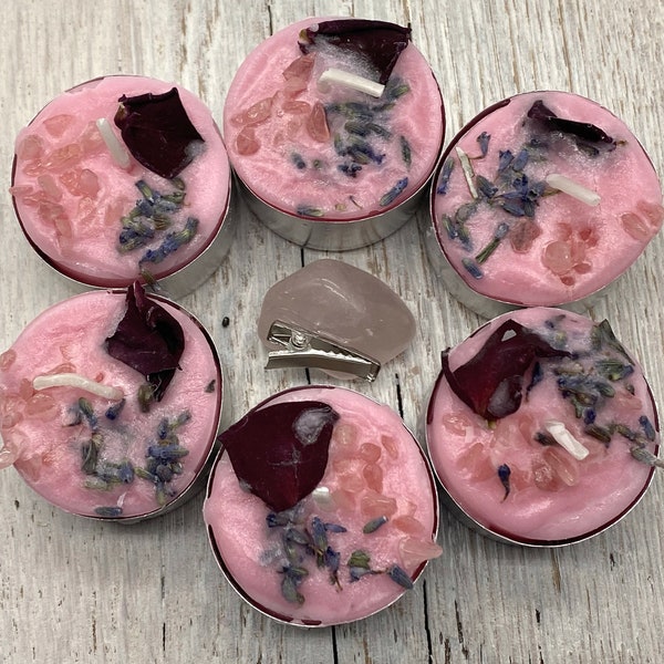 Scented Pink Love - Prospects Intention Spell Yellow Tea Light 6 pack Candles with Rose Quartz Bra Clip - Rose Petal – Sweet Orange Scent