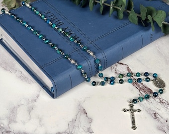 Handmade Catholic Prayer Rosary for Men, Blue Tiger’s Eye Gemstone Beads, 17.5 in