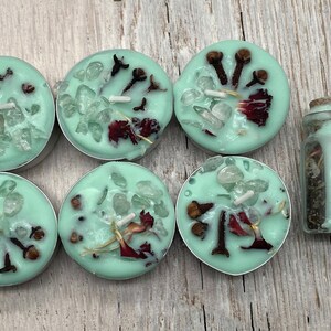 Scented Teal Harmony, Well-Being Intention Spell Tea Light 6 pack Candles with Intention Spell Jar – Carnation Petals - Cloves -Eucalyptus