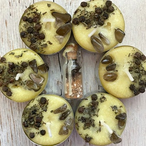 Unscented Negative Energy Intention Spell Yellow Tea Light 6 pack Candles with Free Spell Jar – Smoky Quartz