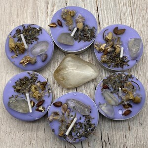Scented Handmade Courage - Confidence Intention Purple Tea Light 6 pack Candles with Citrine Stone