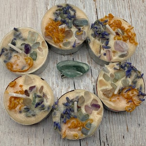 Scented Peach Creativity Balancing Intention Spell Tea Light 6 pack Candles – Rainbow Fluorite with Fluorite Bra Clip