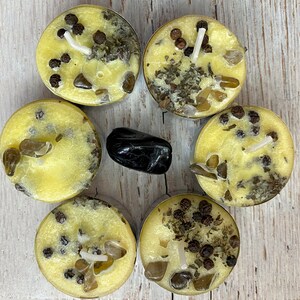 Unscented Negative Energy Intention Spell Yellow Tea Light 6 pack Candles with Free Black Tourmaline Crystal Clip