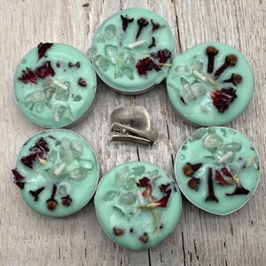 Scented Teal Harmony, Well-Being Intention Spell Tea Light 6 pack Candles with Clear Quartz Pocket Stone – Carnation Petals - Eucalyptus