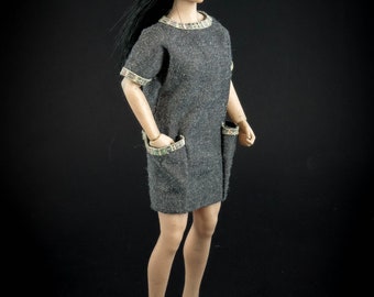 Kleid Julia Modell - grau Denim Farbe (passend zur Phicen Puppe im Maßstab 1:12)