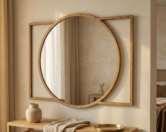 Modern Wood Wall Mirror, Round Geometric Wooden Frame Mirror, Minimalist Japandi Vanity Entryway Bathroom Living Room Decor Accent