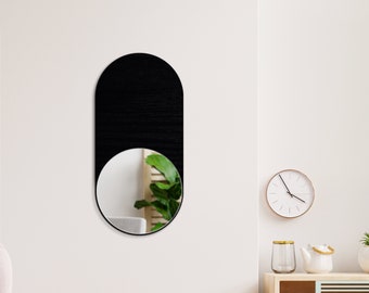 Oval Mirror / Modern Design, Handmade Mirror, Round Wall Mirror, Mirror Wall Decor / Bathroom Mirror, Minimalist Wall Decor in Black & Grey