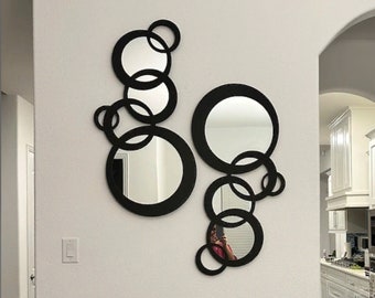 Modern Wall Mirror / Geometric Round Wall Mirror - Unique Circular Wooden and Mirror Art / Circle Mirror Wall Decor, Decorative Wall Mirror