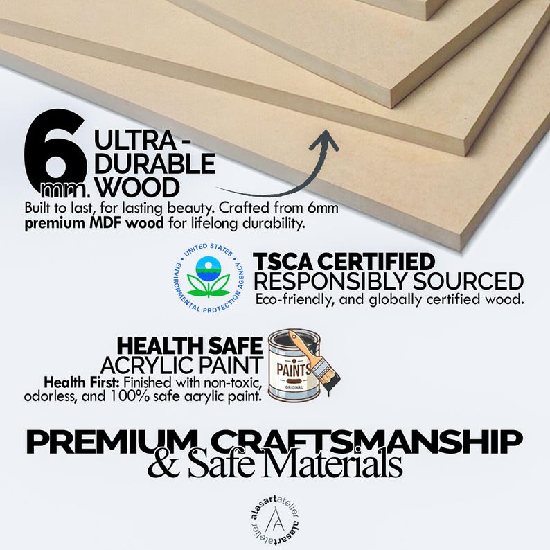 May include: Stack of light brown MDF wood boards. The image includes text that reads "Ultra-Durable Wood" and "Health Safe Acrylic Paint". The wood is 6mm thick and is made with premium MDF wood for lifelong durability.