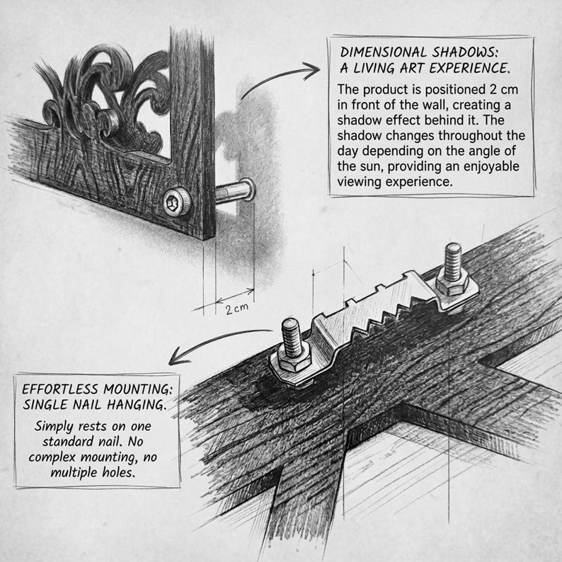 May include: Detailed illustration of a decorative wall hanging with a dark wood frame and ornate metalwork. The image highlights the mounting system, emphasizing the ease of installation with a single nail. Text reads: "DIMENSIONAL SHADOWS: A LIVING ART EXPERIENCE."