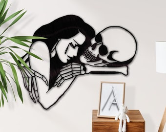Skull and Woman Wood Wall Art, Gothic Skeleton Decor, Black Aesthetic Wall Sculpture