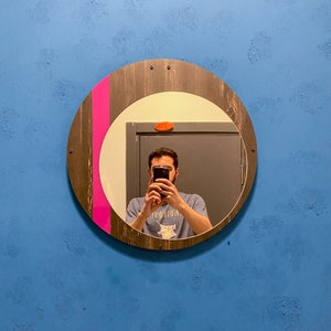 Round Wall Mirror with Pink Piece - Wood Mirror - Modern Wall Decor - Mirror Wall Decor - Decorative Mirrors - Bathroom Mirror, Round Mirror