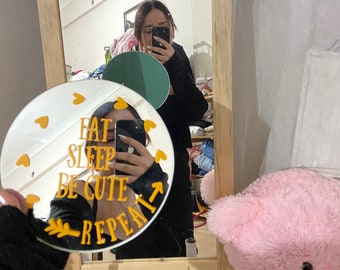 Round Mirror Decor with Eat Sleep Be Cute  - Wall Mountable or Tabletop Use - Mirror Wall Decor