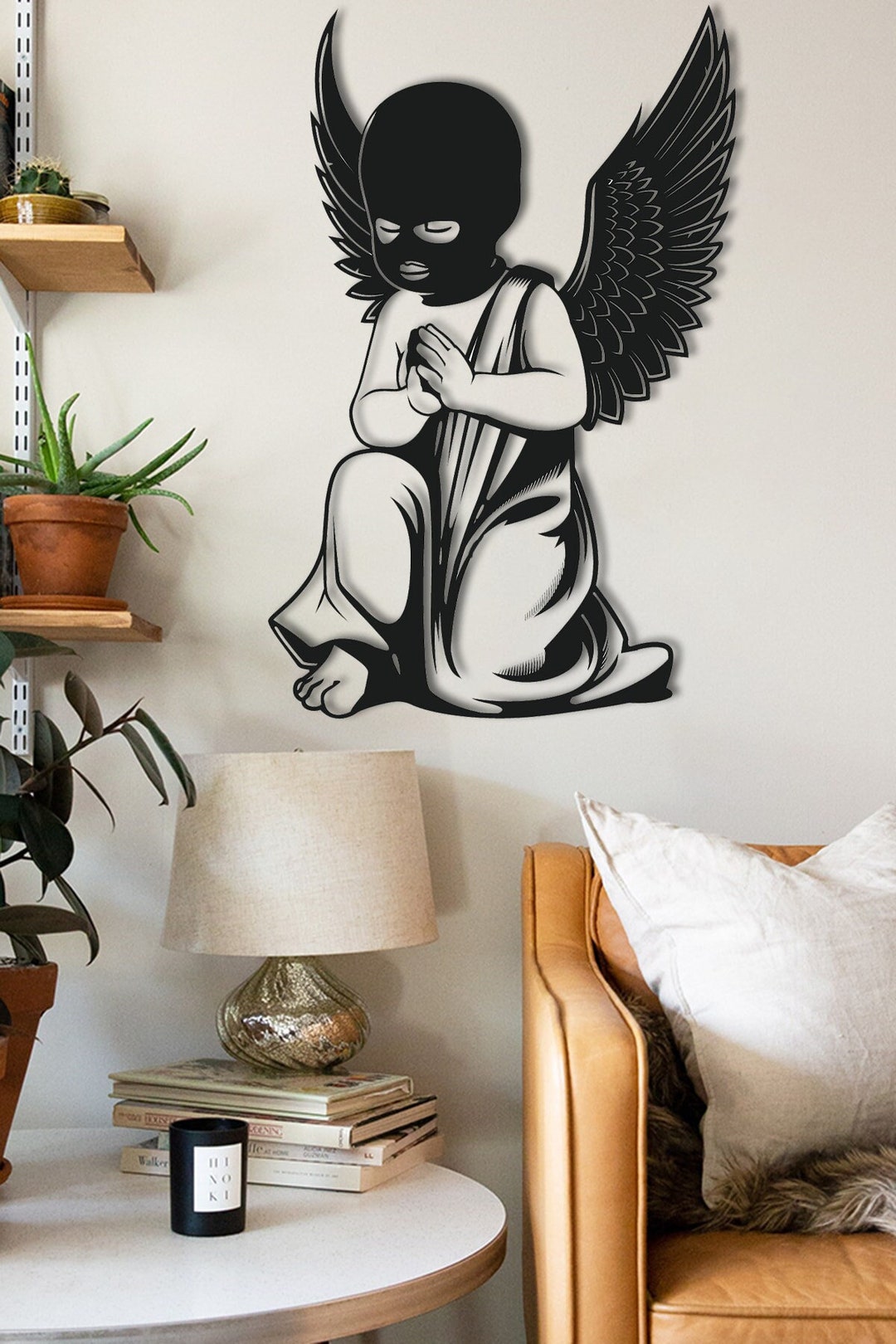 Angel With Ski Mask Wood Wall Art, Balaclava Angel Decor, Black ...