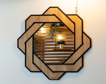 Espelho Octogonal Rústico de Madeira - Decoração de Parede Artesanal - Espelho de Parede Exclusivo para Casa
