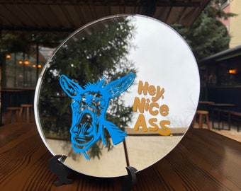 Nice Ass Donkey Round Mirror, Funky Mirror, Funky Table Decor, Circle Mirror, Mirror with Stand, Unique Selfie Decors