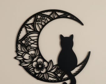 Cat on Crescent Moon Wall Art // Floral Moon Cat Decor // 3D Wooden Laser Cut Wall Hanging // Matte Black Boho Cat Gift