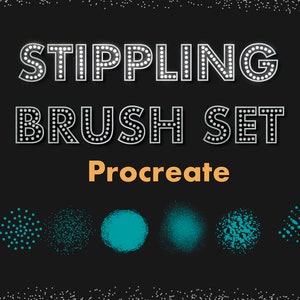 May include: A set of stippling brushes for Procreate, shown with examples of the different brush strokes. The brushes are designed to create a dotted or stippled effect.
