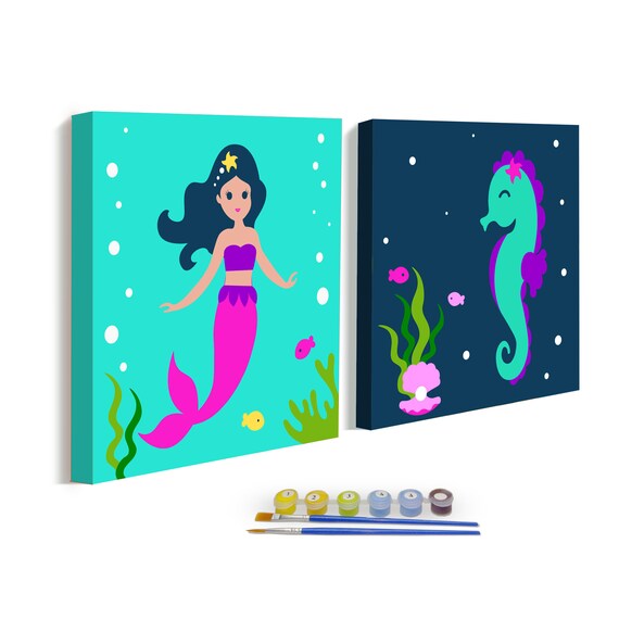 2pack Mermaid Paint by Numbers Framed Kit for Kids Pre Drawn Etsy