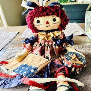 AMERICANA RAGGEDY Ann Doll– Primitive Raggedy Ann Doll 17 inch – Ooak Patriotic Raggedy Ann Doll, Primitive Doll, Whimsical Doll