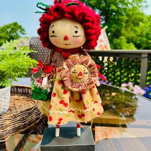 CHERRY ANNIE  Doll– Primitive Raggedy Ann Doll 14 inch – Ooak Annie Doll, Whimsical Annie Doll, Vintage Style Raggedy Ann, Raggedy Ann