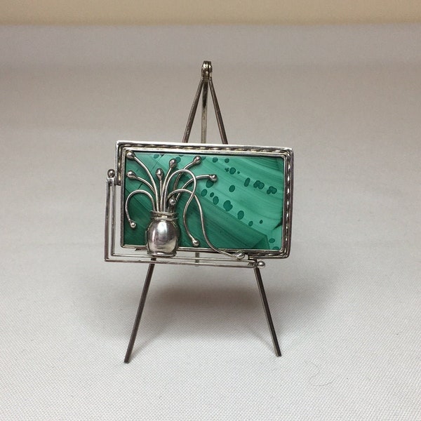 Picture on Easel. Handmade Unique, Horizontal Dramatic Pin - Decorative Piece, made in Malachite and Sterling Silver. size - 2 1/4"x 1 3/8".
