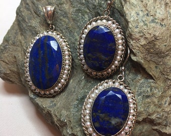 Natural faceted Lapis Lazuli, Pearls and Sterling Silver Big, Dramatic Handmade Pendant and Earnings Set , *FREE CHAIN*. Rodium plated.