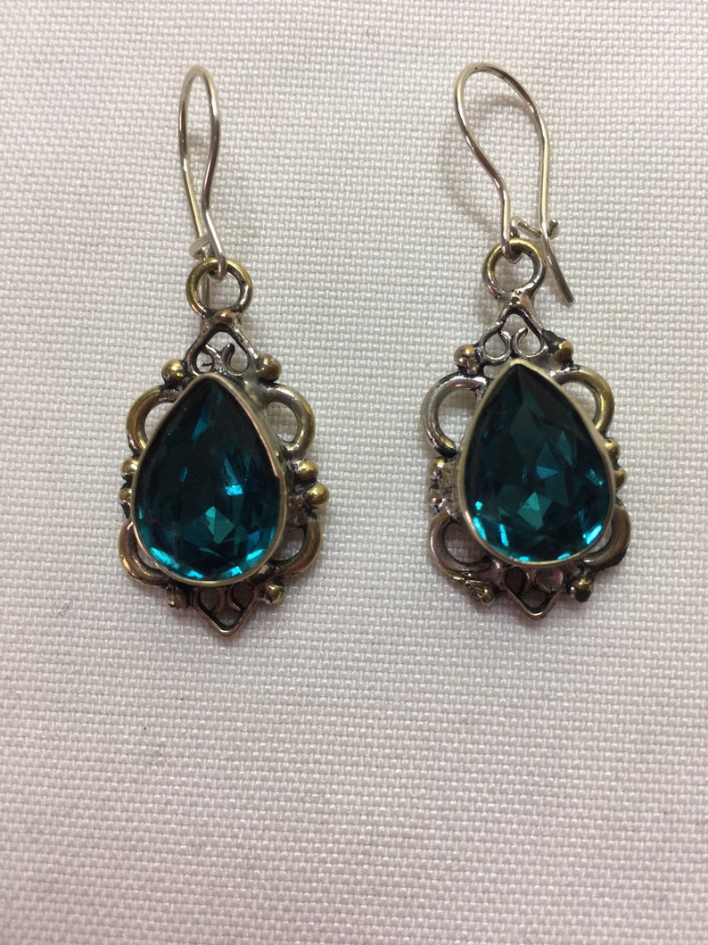 French wire Earrings Sterling Silver Handmade Faceted Blue Green Quartz