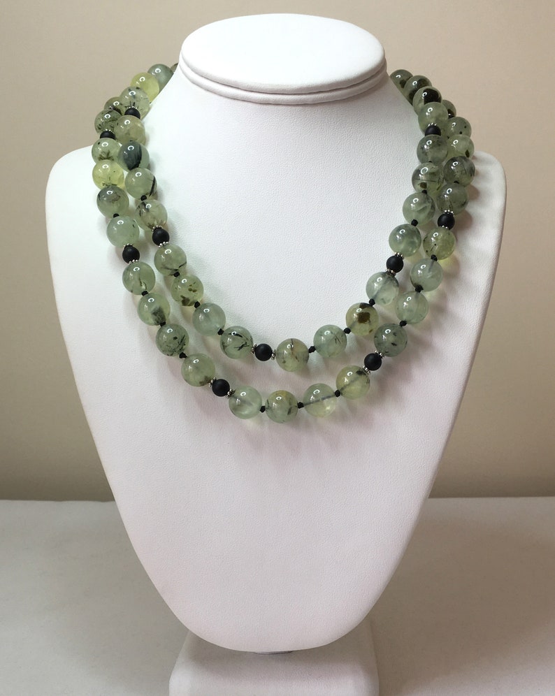 Big, Bold, Dramatic Natural Prehnite, Matt finish Black Onyx, Sterling  Silver Handmade necklace, knotted. Can be wear doubled. - Necklaces