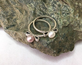 Handmade Natural White or Pink Fresh Water Pearl, Sterling Silver Ring, Size 7,8.