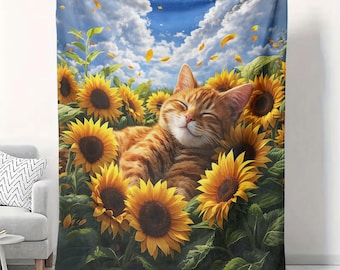 Manta de terciopelo con diseño de gato y girasol, 50 x 60 cm, acogedora decoración para amantes de los gatos