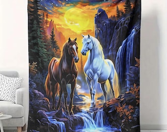 Manta de terciopelo con diseño de caballos iluminados por la luna, 50 x 60 cm, arte de la naturaleza con caballos de fantasía