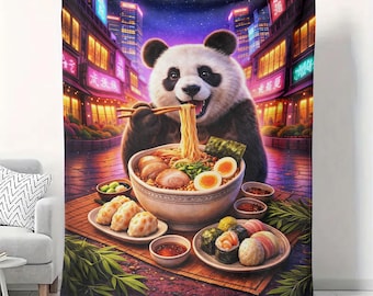 Manta de terciopelo con diseño de panda y ramen: decoración de comida kawaii (50 x 60)