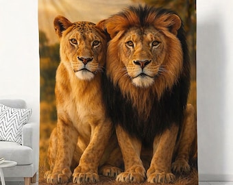 Manta de terciopelo con diseño de pareja de leones, 50 x 60 cm, decoración de vida silvestre majestuosa de safari