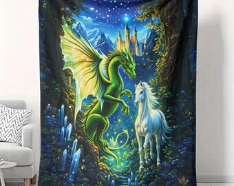 Manta de terciopelo con diseño de dragón y unicornio mágico, 50 x 60 cm, ideal como regalo de fantasía.