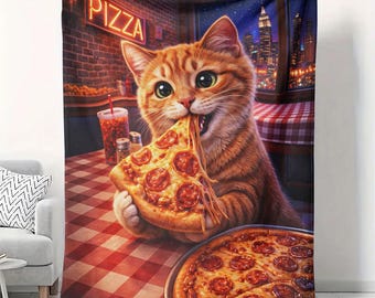 Manta de terciopelo con diseño de gato y pizza, 50 x 60 cm, regalo divertido para amantes de la comida