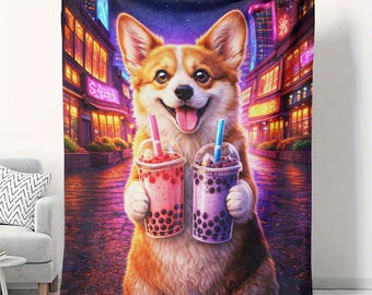 Manta de terciopelo con diseño de Corgi Boba Tea, 50 x 60 cm, decoración urbana de neón con diseño de perro kawaii