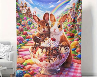 Manta de terciopelo con diseño de conejito de helado Sundae de 50 x 60 cm, estilo pastel kawaii de Candyland