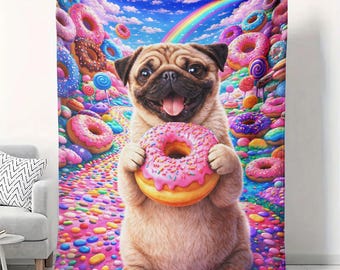 Manta de terciopelo con forma de donut de Pug, 50 x 60 cm, regalo divertido para amantes de los perros