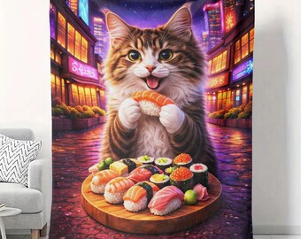 Manta de terciopelo con diseño de gato sushi (50 x 60 cm), decoración felina kawaii y caprichosa para el hogar