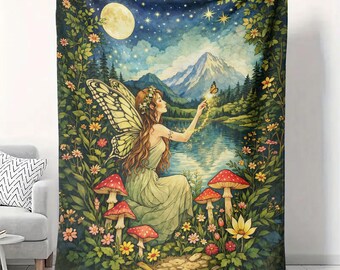 Manta de terciopelo con diseño de hadas del bosque encantado, 50 x 60 cm, estilo cottagecore.