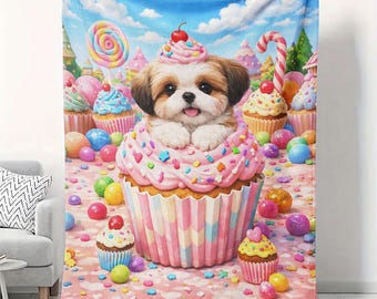 Manta de terciopelo con diseño de cupcakes de cachorro, 50 x 60 cm, adorable decoración para perros, regalo para amantes de los animales.