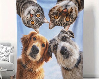 Manta de terciopelo con caras de perro y gato (127 x 152 cm) – Decoración para el hogar para amantes de las mascotas