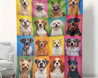 Manta de terciopelo con collage de razas de perros de colores, 50 x 60 cm, ideal como regalo para amantes de las mascotas.